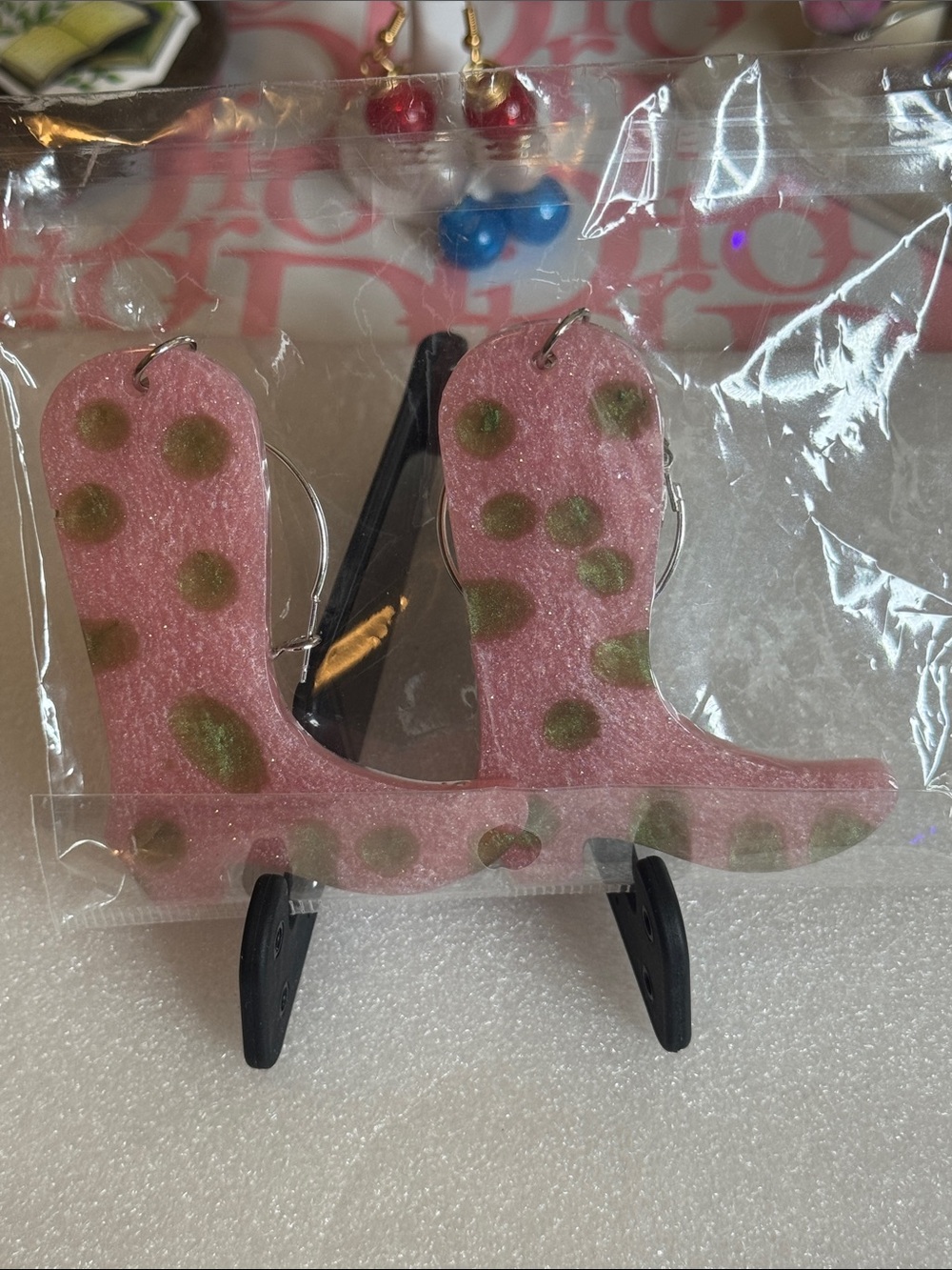 Pink Polka Dot Western Boot Hoop Earrings - Unbranded